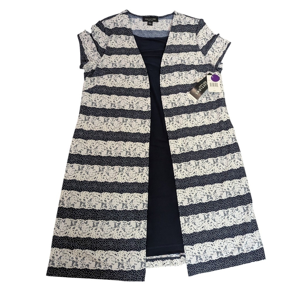 Perceptions New York Navy White Polka Dot Lace Stripe Dress Tunic Top L